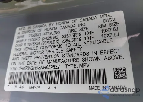 2022 Honda Cr-V Awd Touring from USA, damaged, VIN 2HKRW2H98NH659832